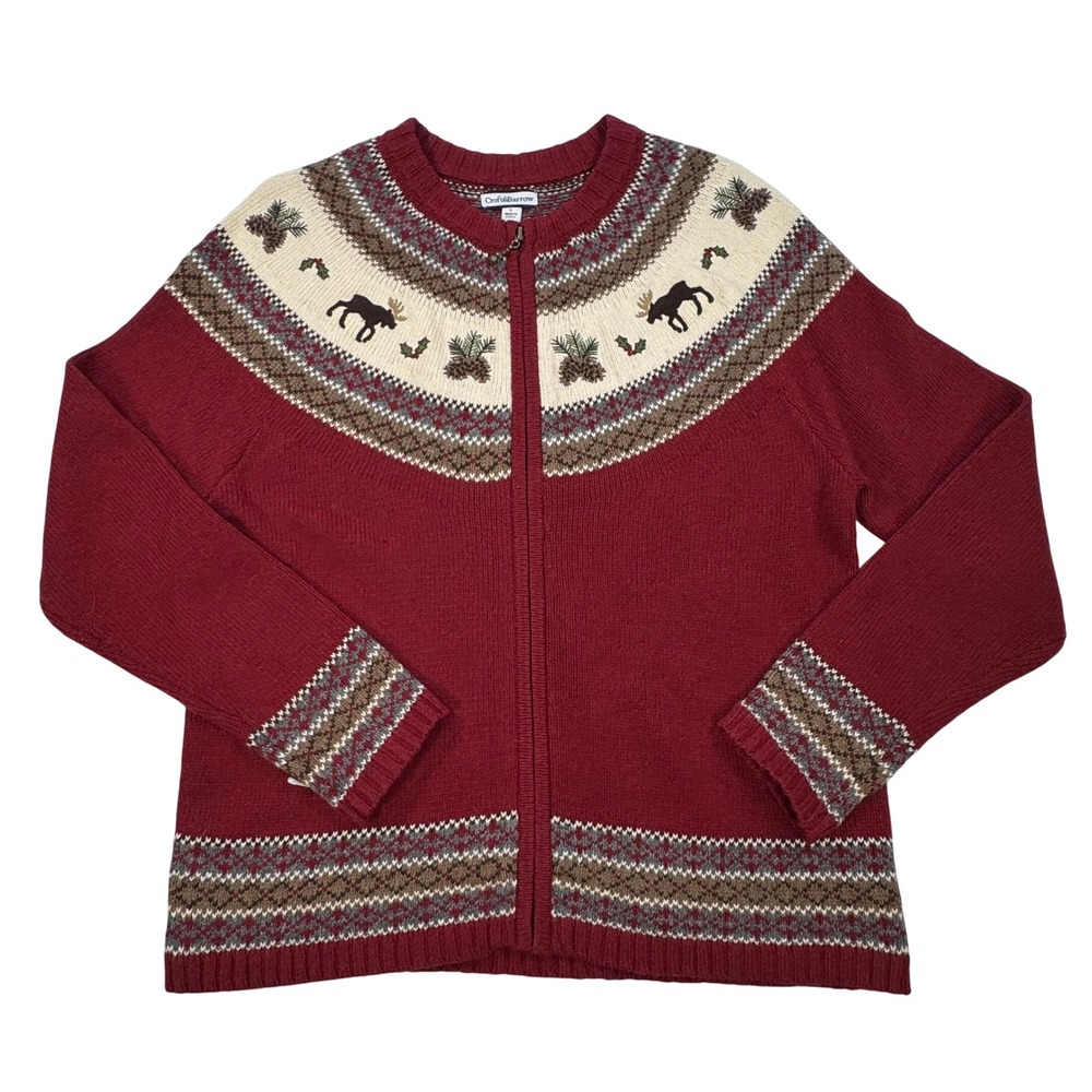Croft & Barrow Womens Red Fair Isle Moose Embroidered Full Zip Sweater Large